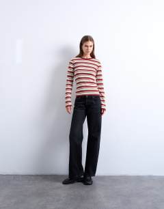 Model wearing Stripe long sleeve everyday tee in burgundy