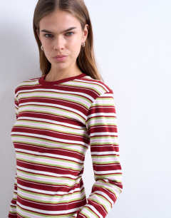 Model wearing Stripe long sleeve everyday tee in burgundy