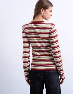 Model wearing Stripe long sleeve everyday tee in burgundy