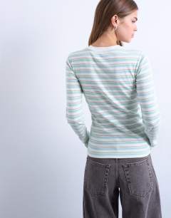Model wearing Stripe long sleeve everyday tee in ecru