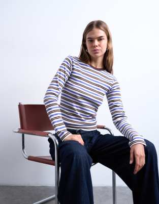 Topshop Stripe Long Sleeve Everyday Tee In Purple