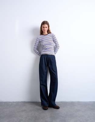 Topshop Stripe Long Sleeve Everyday Tee In Purple