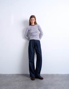 Model wearing Stripe long sleeve everyday tee in purple