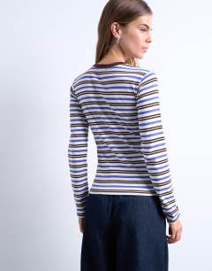 Model wearing Stripe long sleeve everyday tee in purple