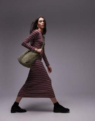 Topshop Topshop stripe long sleeve maxi dress in burgundy-Green