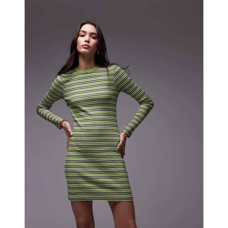 Topshop stripe long sleeve mini dress in green | ASOS