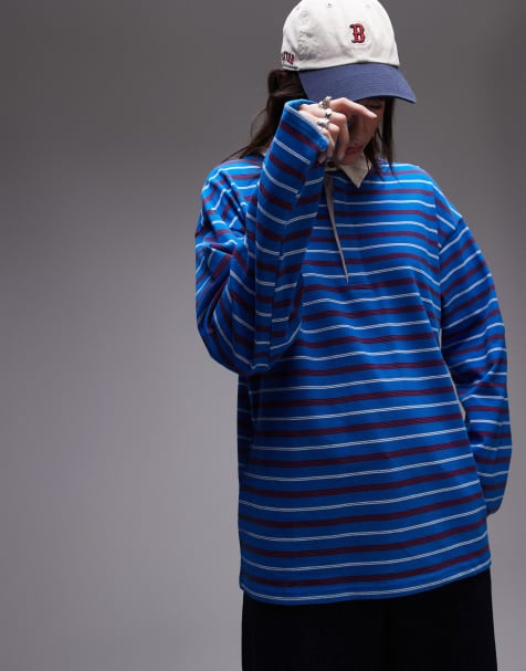 Topshop stripe long sleeve polo in blue - view 1