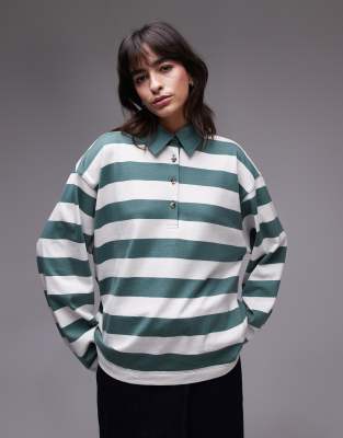 stripe long sleeve polo top in green