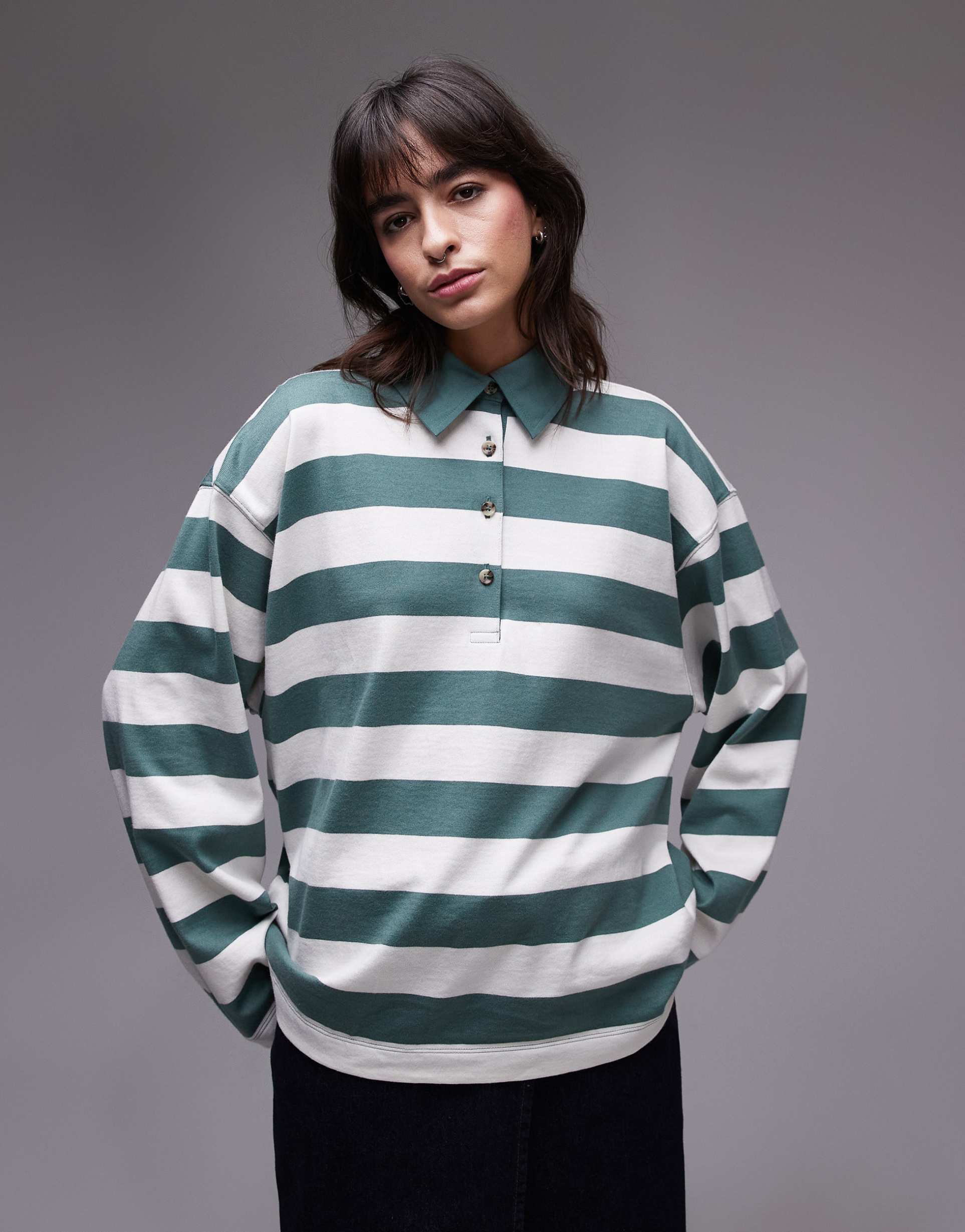 topshop stripe long sleeve polo top in green