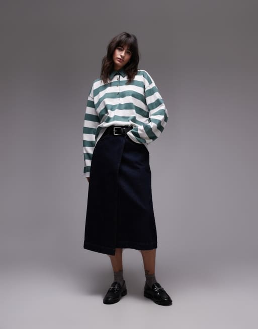 Topshop stripe long sleeve polo top in green, 2 of 4