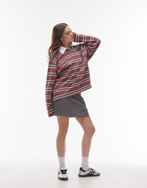 Topshop stripe long sleeve rugby polo top in burgundy