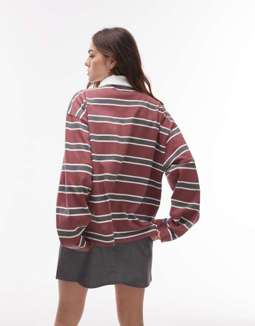 Topshop stripe long sleeve rugby polo top in burgundy, 3 of 4