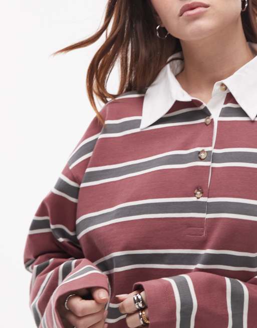 Topshop stripe long sleeve rugby polo top in burgundy