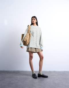 Model wearing Stripe long sleeve slouchy skater tee in beige