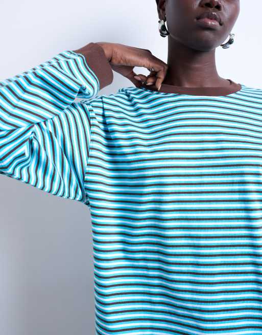 Topshop stripe long sleeve slouchy skater tee in blue, 3 of 4