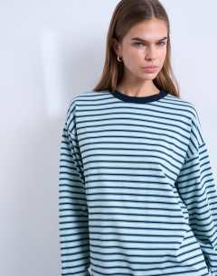 Model wearing Stripe long sleeve slouchy skater tee in blue