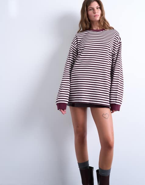 Topshop stripe long sleeve slouchy skater tee in burgundy - view 1