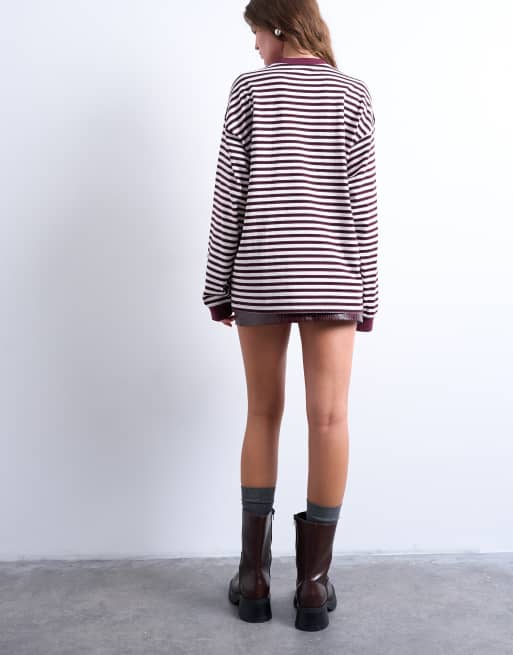 Topshop stripe long sleeve slouchy skater tee in burgundy, 3 of 4