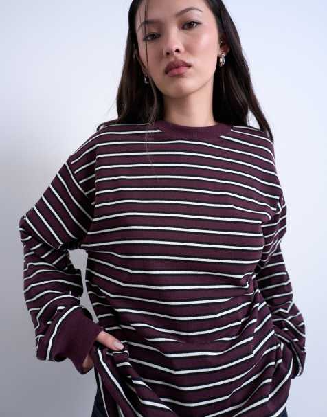 Topshop stripe long sleeve slouchy skater tee in burgundy - view 1
