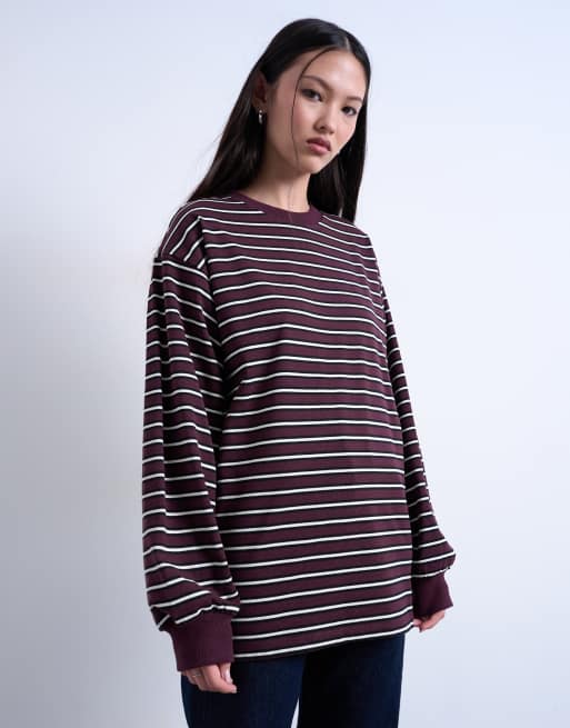 Topshop stripe long sleeve slouchy skater tee in burgundy, 2 of 4