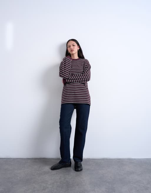 Topshop stripe long sleeve slouchy skater tee in burgundy, 3 of 4