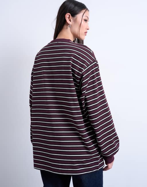 Topshop stripe long sleeve slouchy skater tee in burgundy, 4 of 4