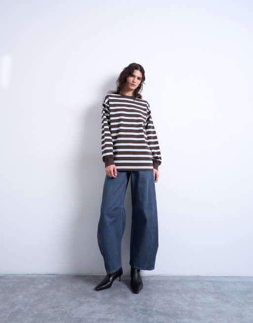 Topshop stripe long sleeve slouchy skater tee in chocolate, 3 of 4