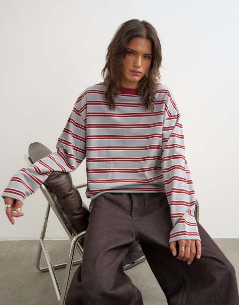 Topshop stripe long sleeve slouchy skater tee in gray - view 1