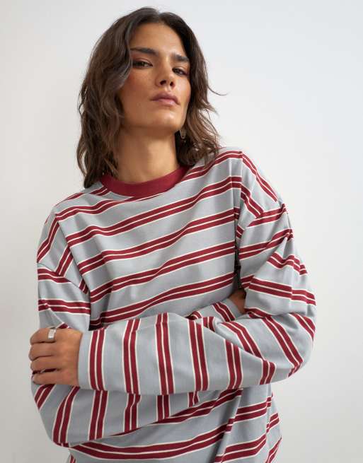 Topshop stripe long sleeve slouchy skater tee in gray, 2 of 4