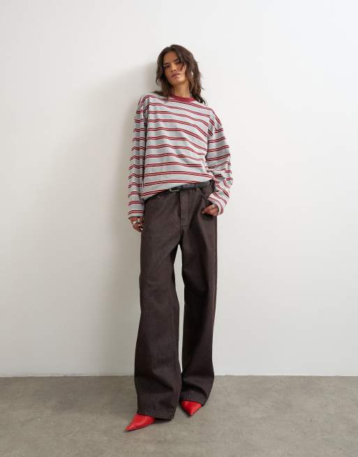 Topshop stripe long sleeve slouchy skater tee in gray, 3 of 4