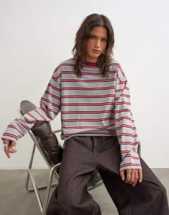 Stripe long sleeve slouchy skater tee in grey