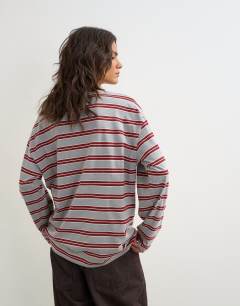 Model wearing Stripe long sleeve slouchy skater tee in grey
