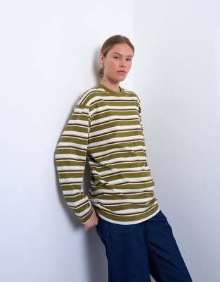 Topshop Stripe Long Sleeve Slouchy Skater Tee In Animal Print