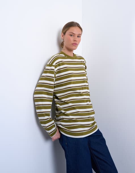 Topshop stripe long sleeve slouchy skater tee in khaki 