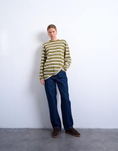 Model wearing Stripe long sleeve slouchy skater tee in khaki 