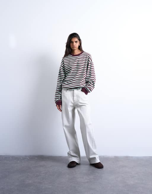 Topshop stripe long sleeve slouchy skater tee in mint and burgundy, 2 of 4