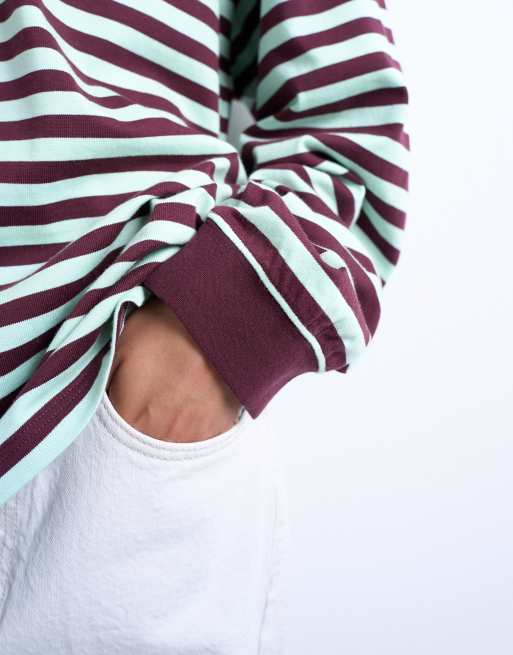 Topshop stripe long sleeve slouchy skater tee in mint and burgundy, 3 of 4