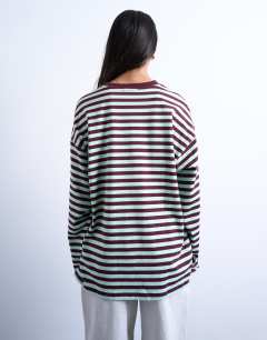 Model wearing Stripe long sleeve slouchy skater tee in mint and burgundy