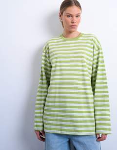 Model wearing Stripe long sleeve slouchy skater tee in mint green