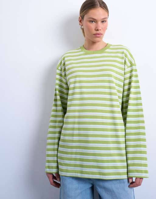 Topshop stripe long sleeve slouchy skater tee in mint green, 2 of 4