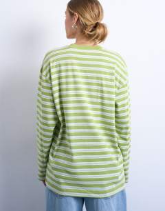 Model wearing Stripe long sleeve slouchy skater tee in mint green