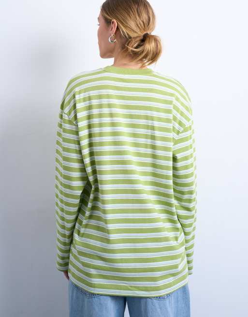 Topshop stripe long sleeve slouchy skater tee in mint green, 3 of 4