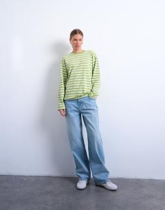 Model wearing Stripe long sleeve slouchy skater tee in mint green