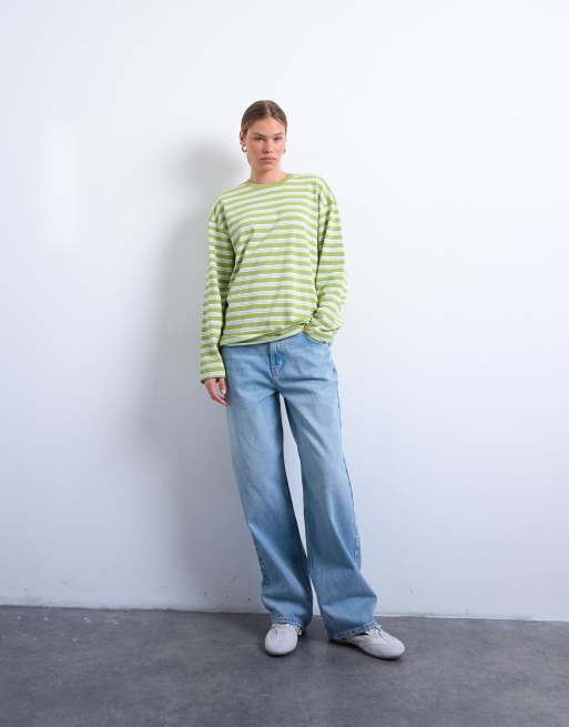 Topshop stripe long sleeve slouchy skater tee in mint green, 4 of 4