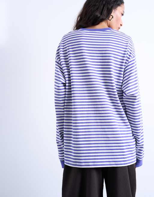 Topshop stripe long sleeve slouchy skater tee in purple, 3 of 4