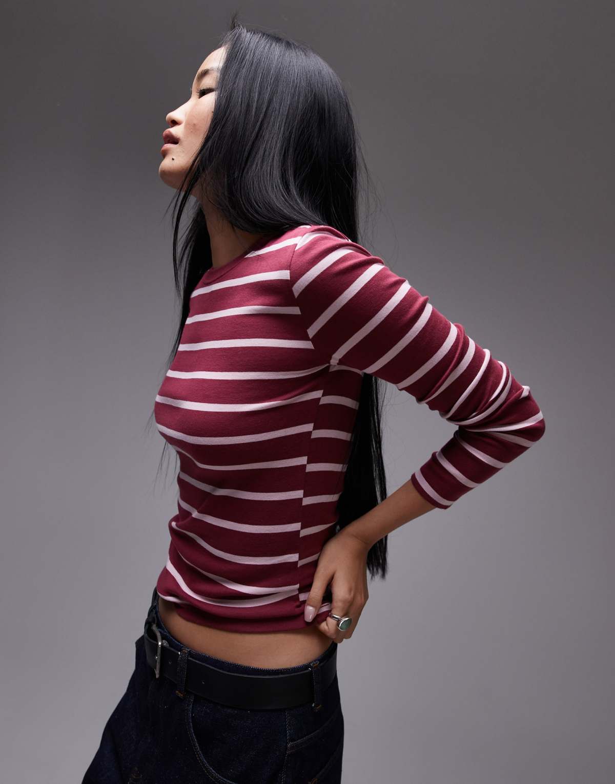 Topshop stripe long sleeve top in burgundy