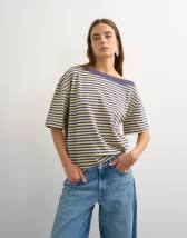 Topshop stripe off shoulder t-shirt in navy
