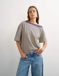 Model wearing Stripe off shoulder t-shirt in navy