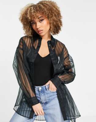 Topshop stripe organza shirt in black