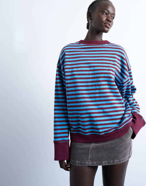 Topshop stripe oversized deep cuff sweat in blue and burgundy - view 1